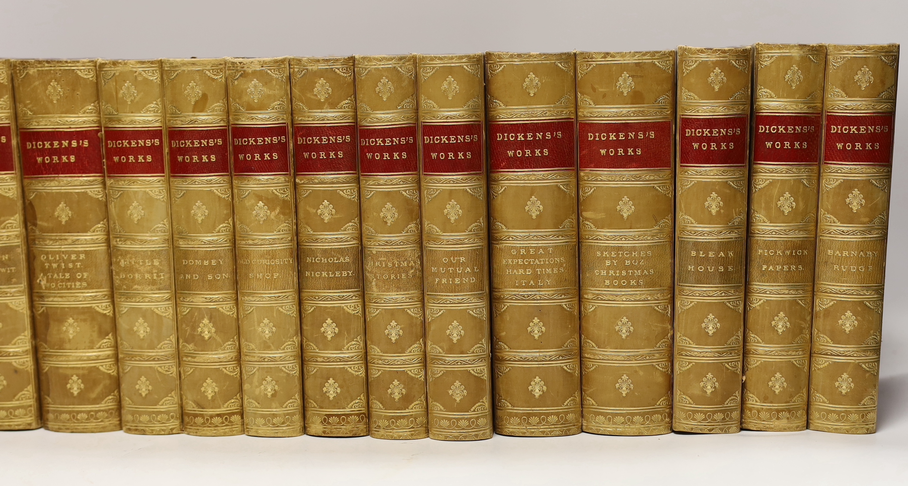 Dickens, Charles - (Collected Edition), 15 vols. (only, ex16). with the original illustrations; contemp. half calf and marbled boards, gilt decorated panelled spines with red labels, marbled edges and e/ps., cr. 8vo. Cha